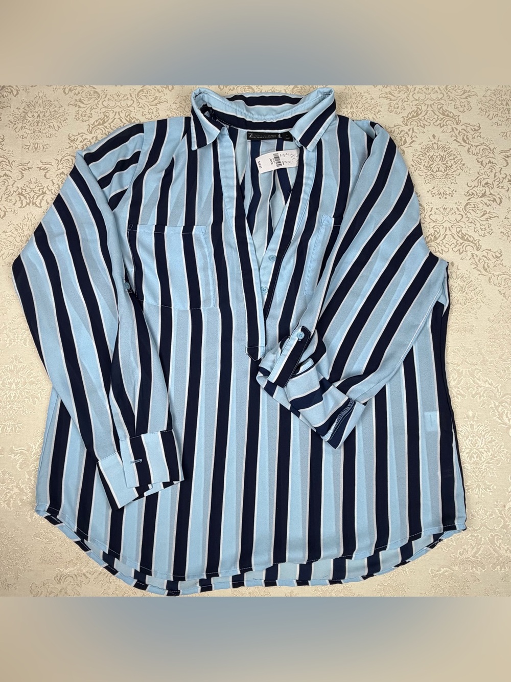 New York & Company Light Blue and Navy Striped Button-Down Shirt - Picture 2 of 7